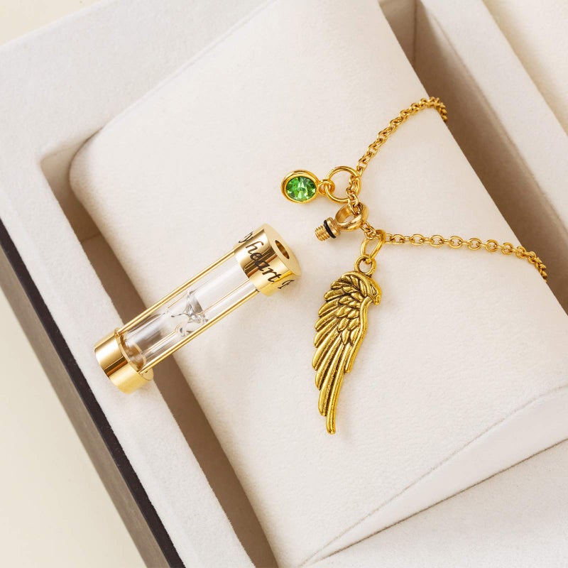PREKIAR Cremation Urn Necklace for Ashes Time Hourglass Memory Jewelry Pendant Keepsake with Angel Wing and 12 Birthstones Forever In My Heart (Golden hourglass) - Image 3